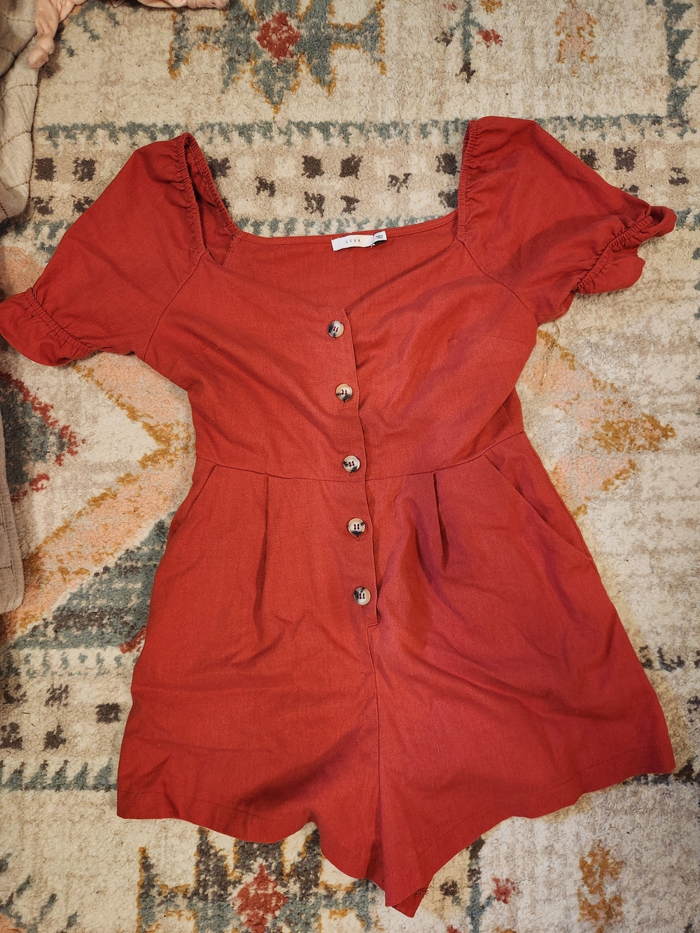 Lush Rust Red Button-Front Romper with Puff Sleeves